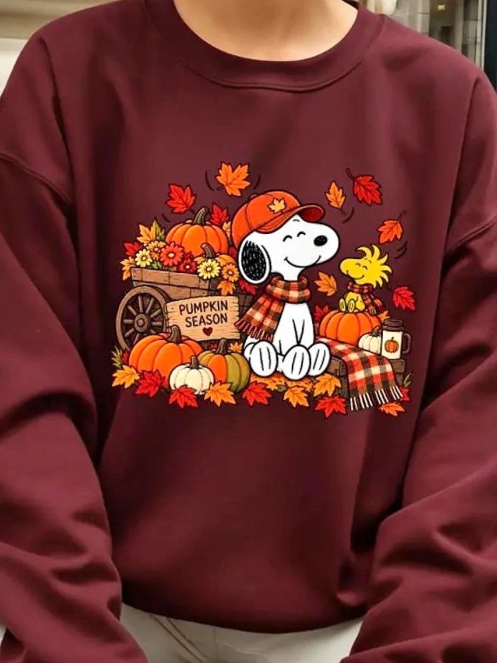 Peanuts Snoopy Woodstock Pumpkin Season Fall Leaves Vintage Maroon Sweatshirt